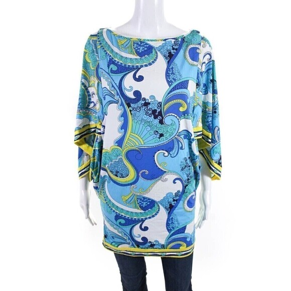 Trina Turk Womens Printed Blue Crew Neck Short Sleeve Blouse Top Size Small - Picture 2 of 10